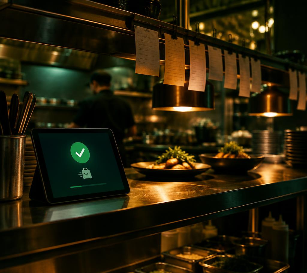 Restaurantkeuken met een gecontroleerde bestelling op een tablet
